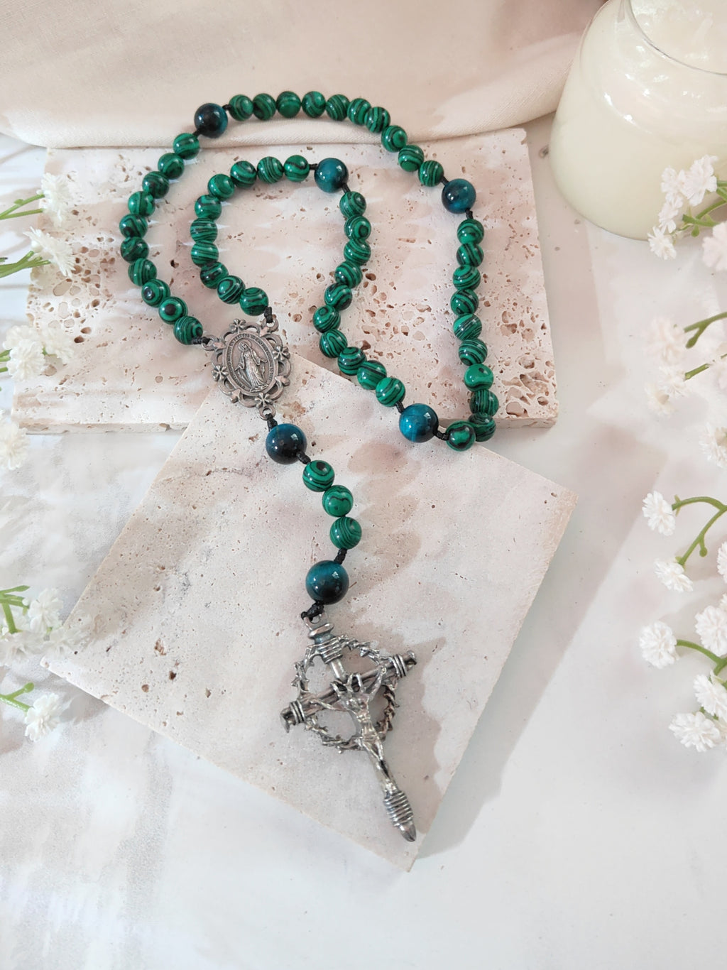 Miraculous Medal Green Glass & Tiger Eye Rosary