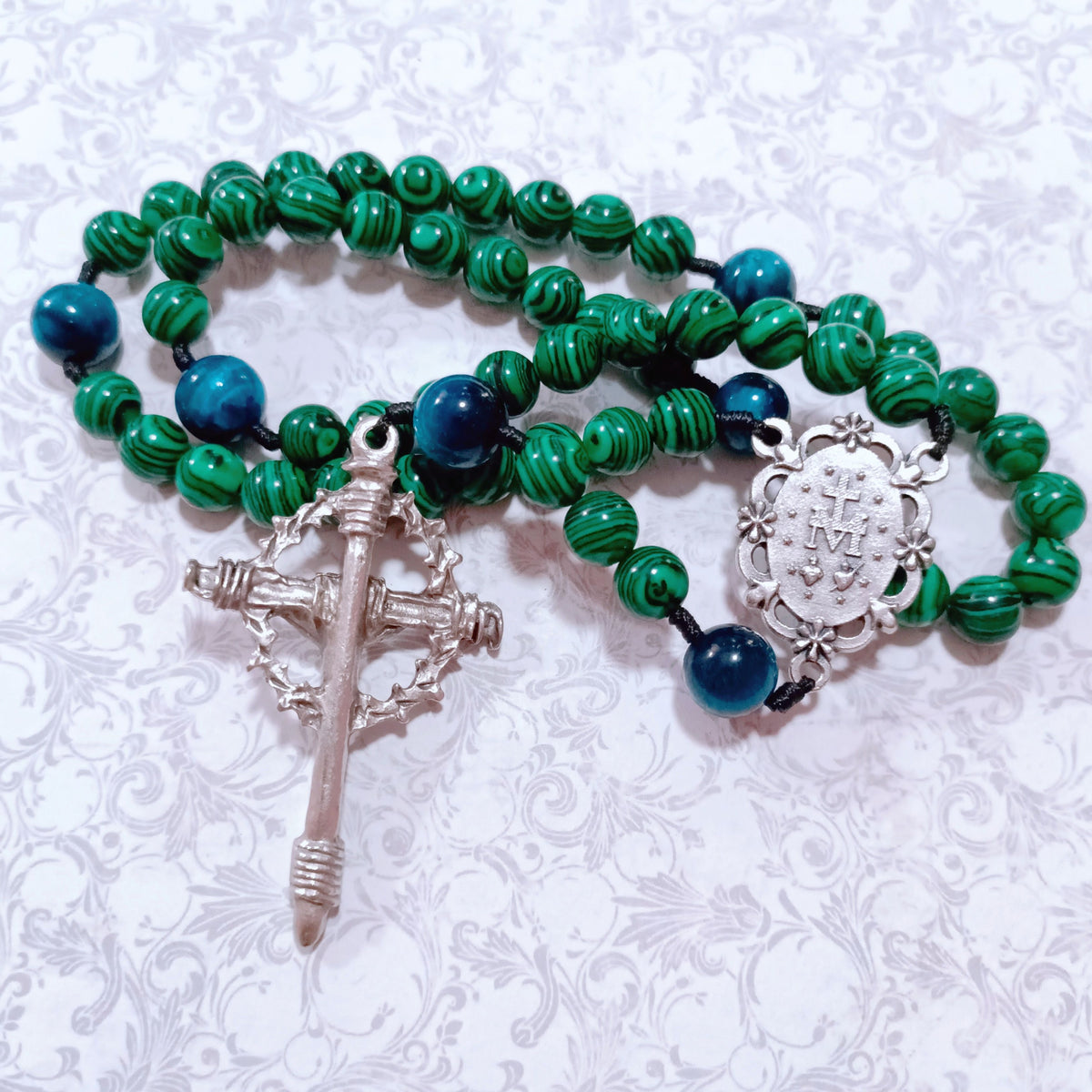 Miraculous Medal Green Glass & Tiger Eye Rosary