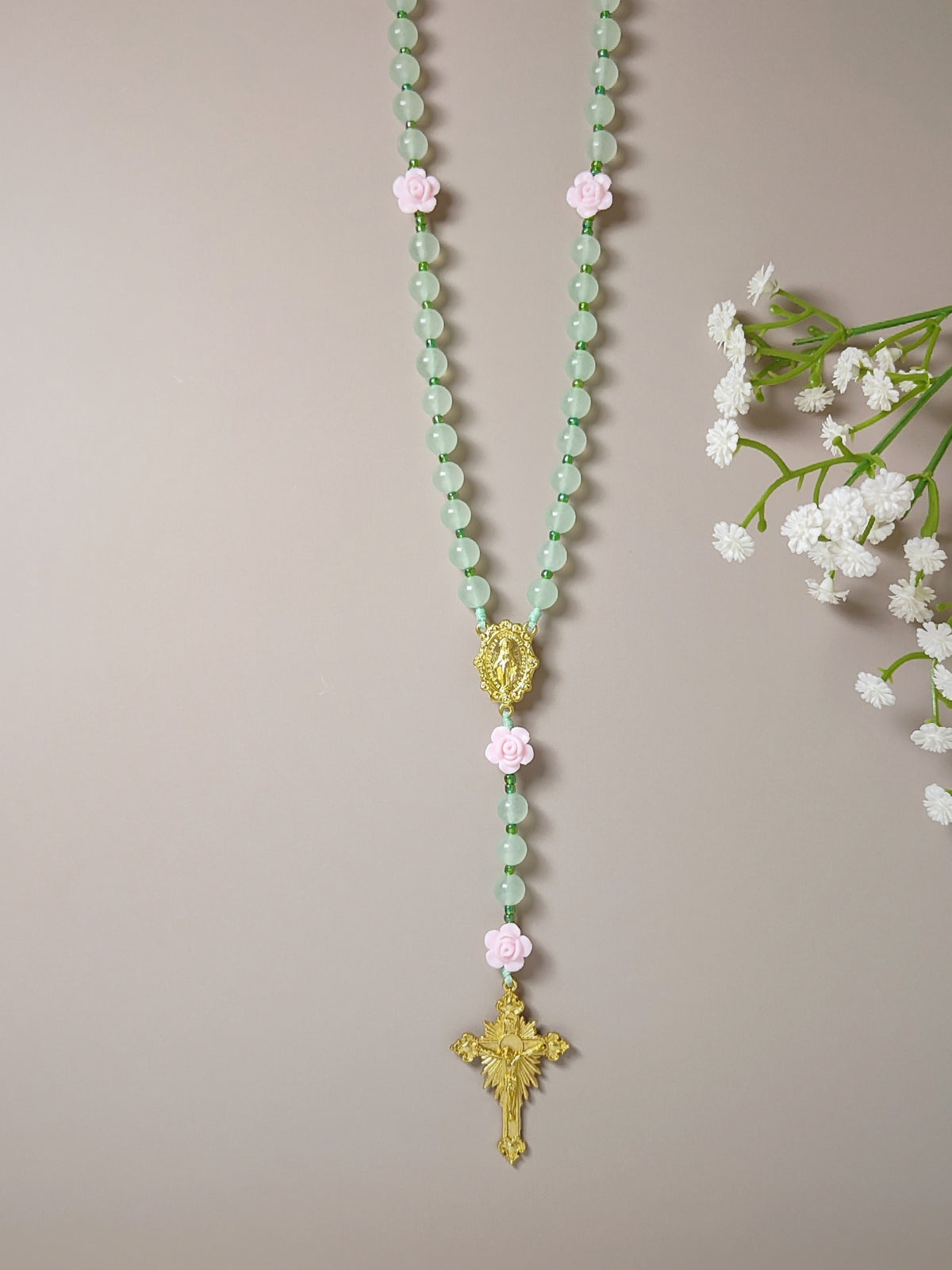 Miraculous Medal Green Jade & Roses Spring Rosary