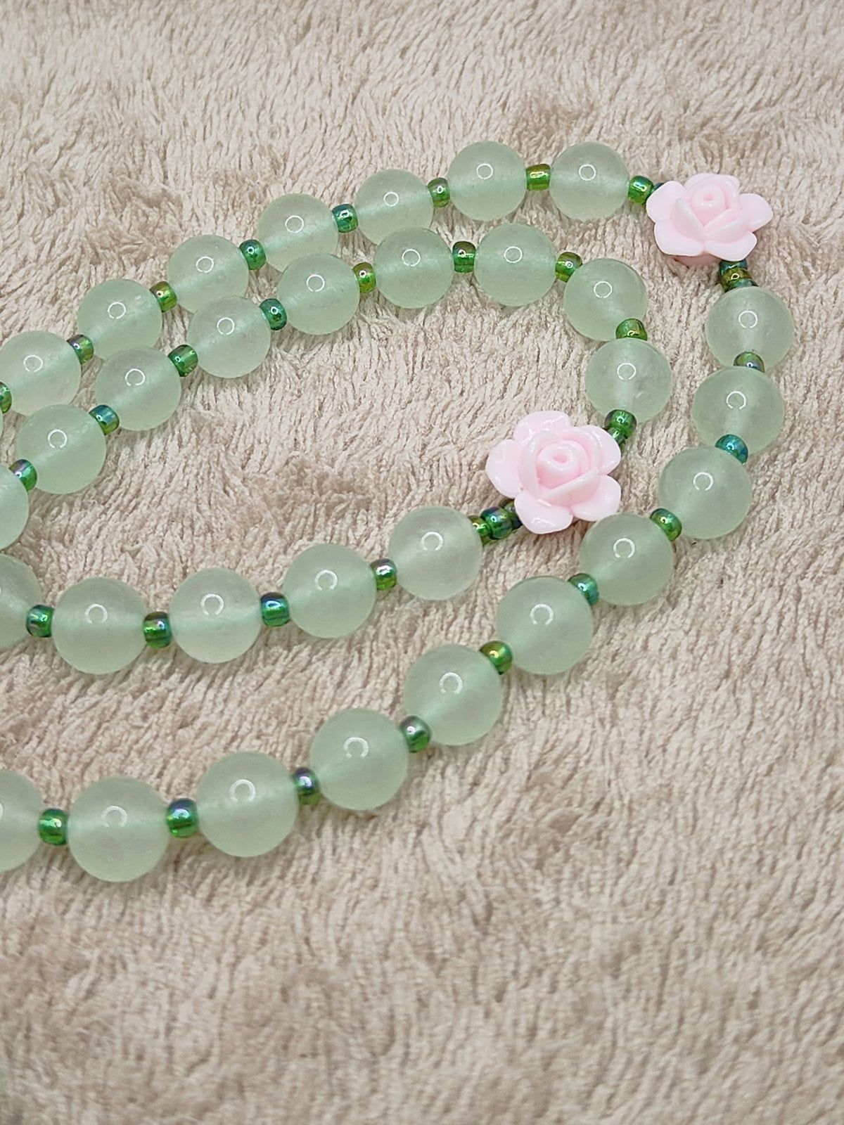 Miraculous Medal Green Jade & Roses Spring Rosary