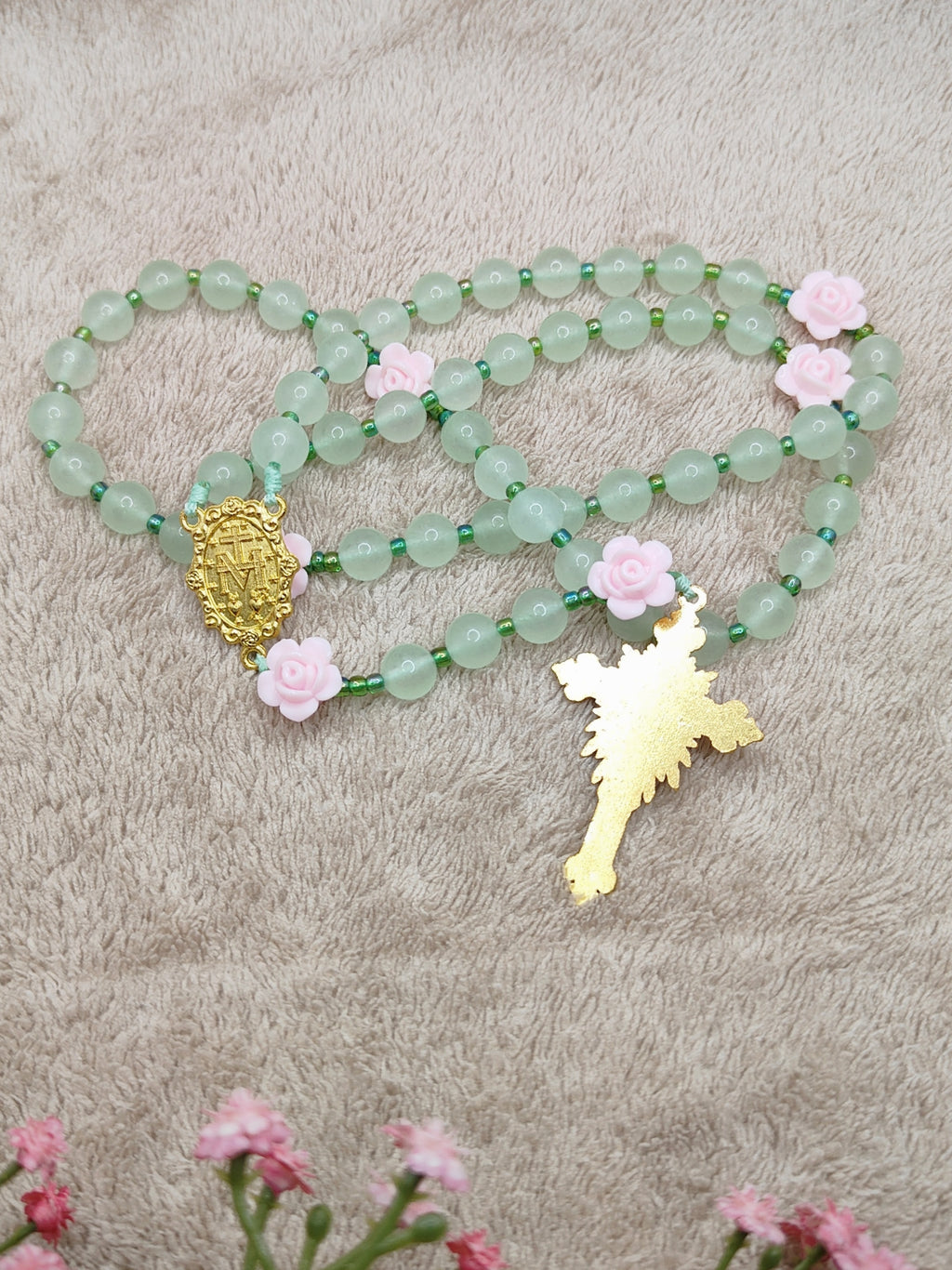 Miraculous Medal Green Jade & Roses Spring Rosary
