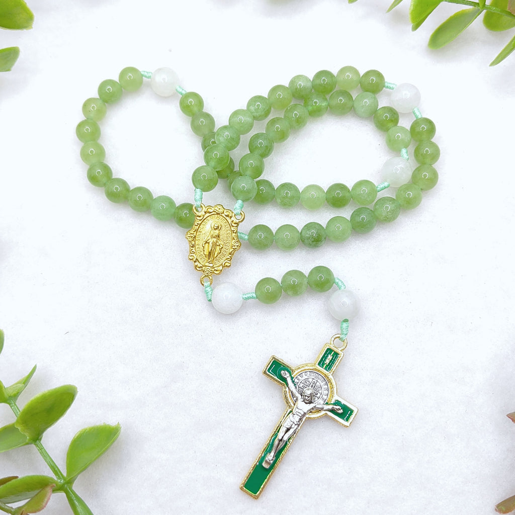 Gold Plated Miraculous Medal Green Peridot & Moonstone Rosary