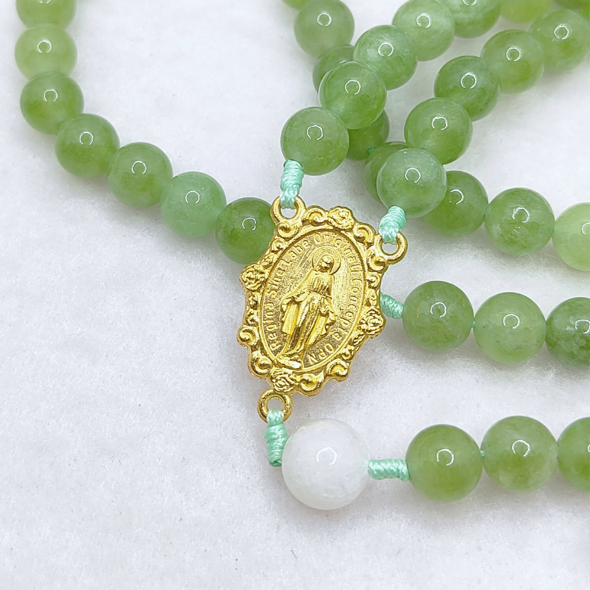 Gold Plated Miraculous Medal Green Peridot & Moonstone Rosary