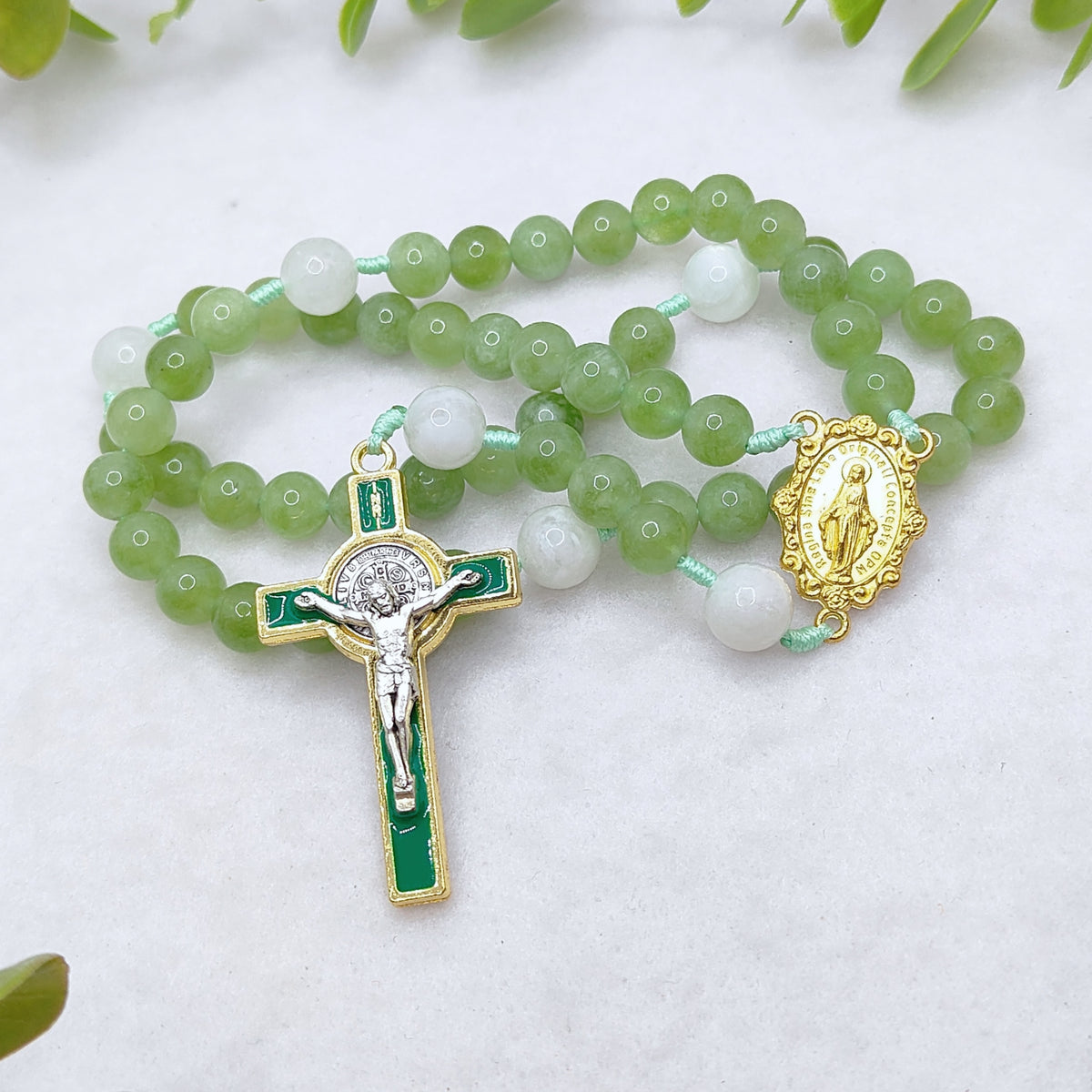 Gold Plated Miraculous Medal Green Peridot & Moonstone Rosary