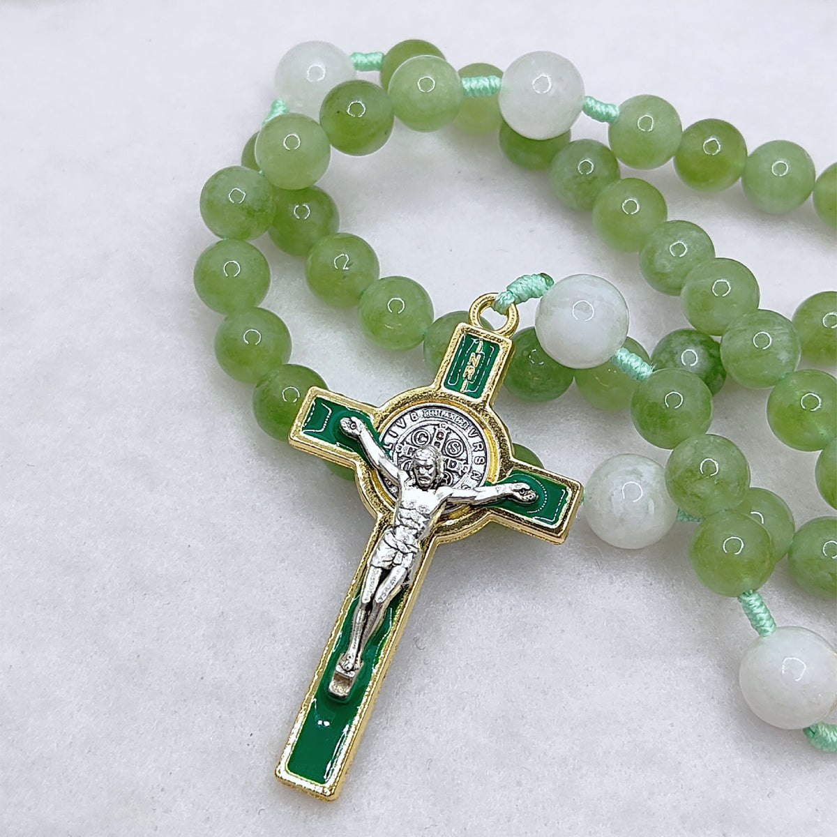 Gold Plated Miraculous Medal Green Peridot & Moonstone Rosary