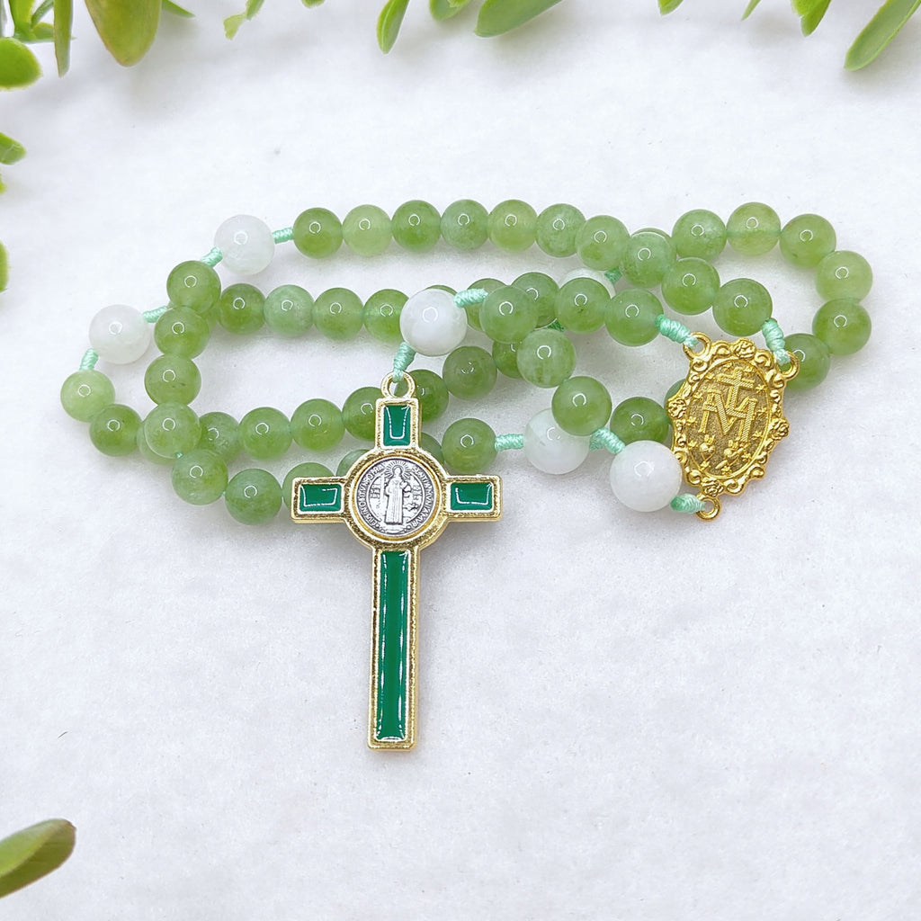 Gold Plated Miraculous Medal Green Peridot & Moonstone Rosary