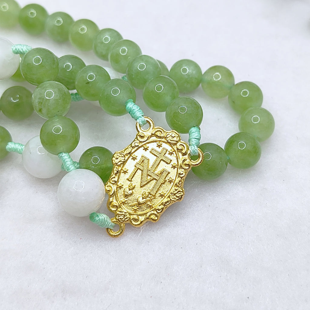 Gold Plated Miraculous Medal Green Peridot & Moonstone Rosary