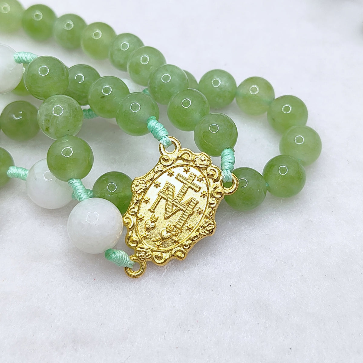 Gold Plated Miraculous Medal Green Peridot & Moonstone Rosary