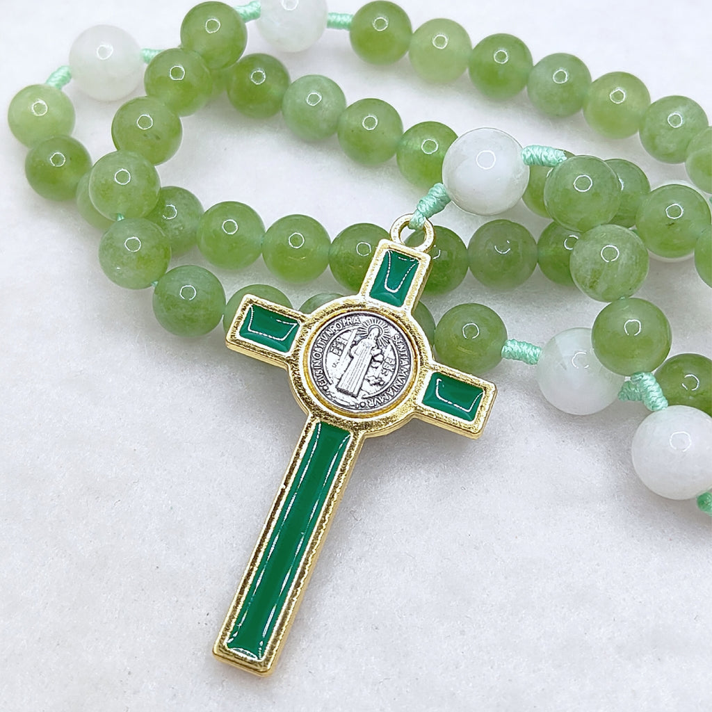 Gold Plated Miraculous Medal Green Peridot & Moonstone Rosary