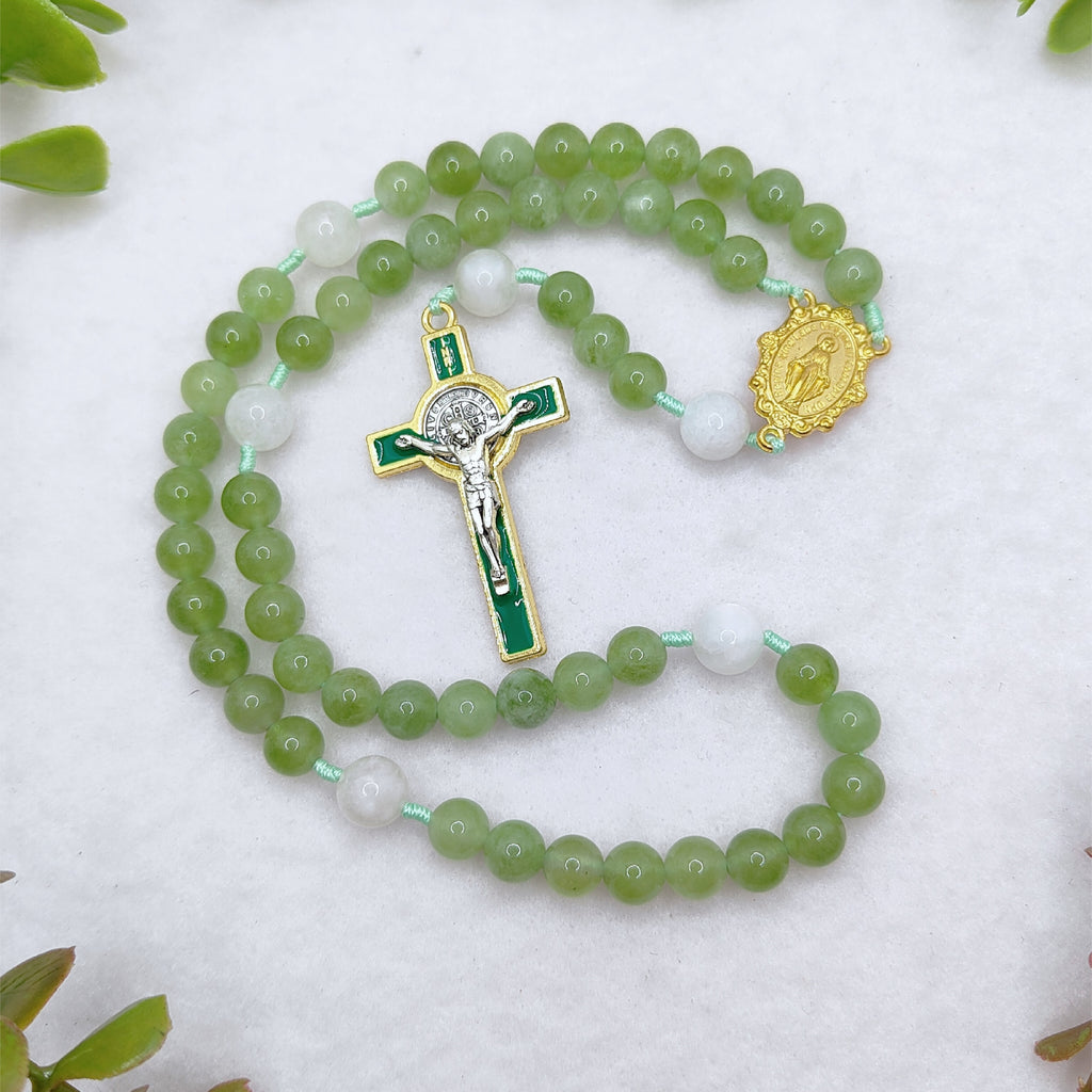 Gold Plated Miraculous Medal Green Peridot & Moonstone Rosary