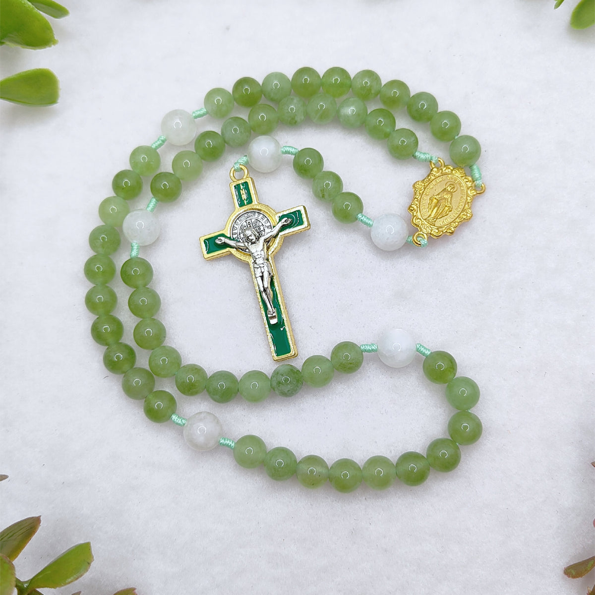 Gold Plated Miraculous Medal Green Peridot & Moonstone Rosary