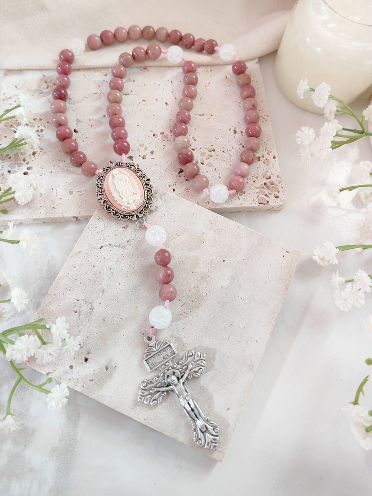 Our Lady of Guadalupe Rhodochrosite Cameo Rosary