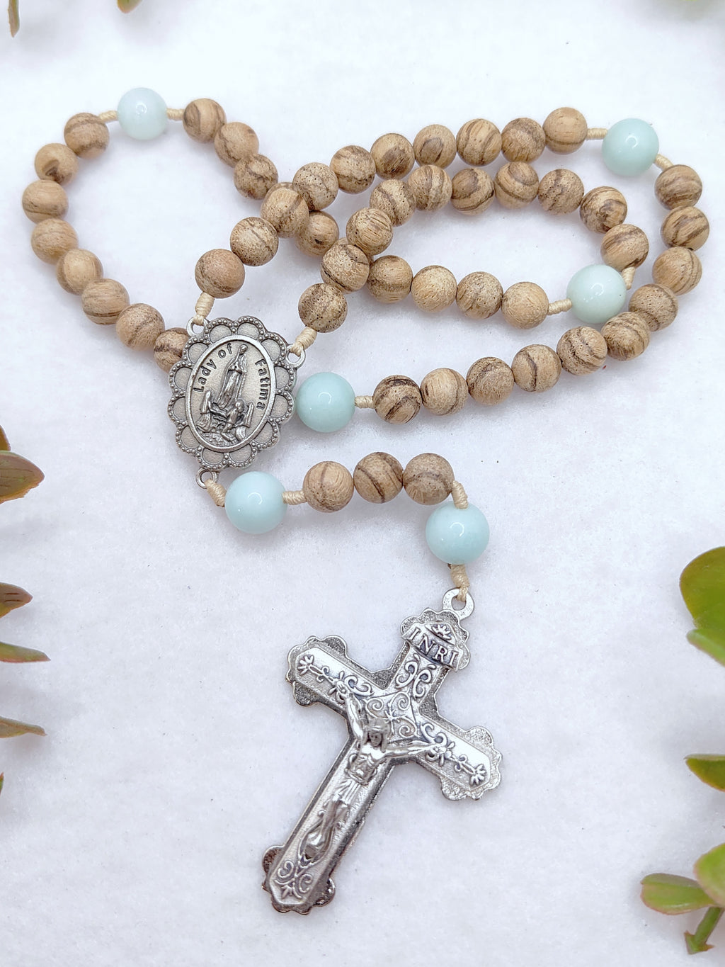 Our Lady of Fatima Peace Wood & Amazonite Rosary