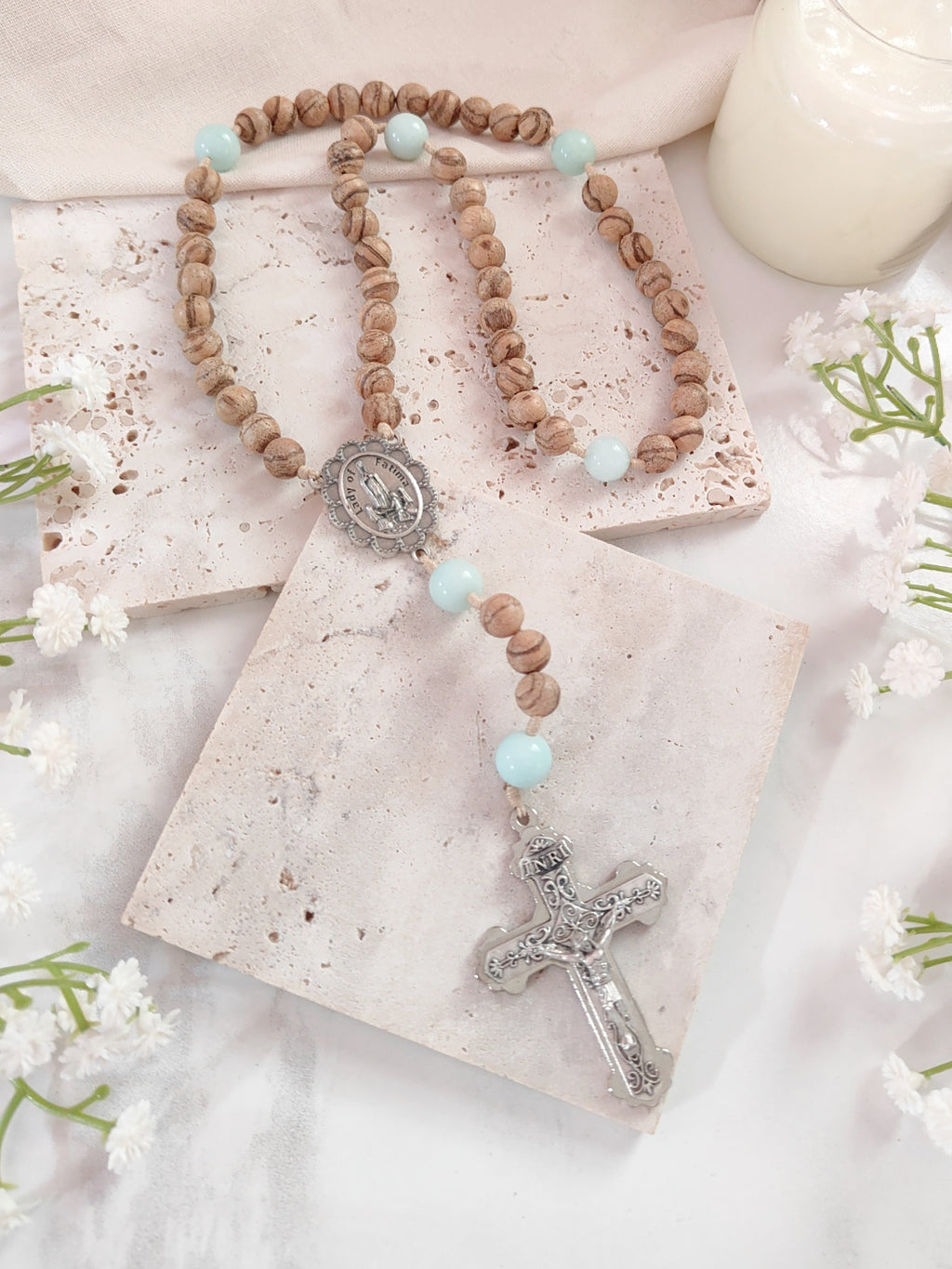 Our Lady of Fatima Peace Wood & Amazonite Rosary