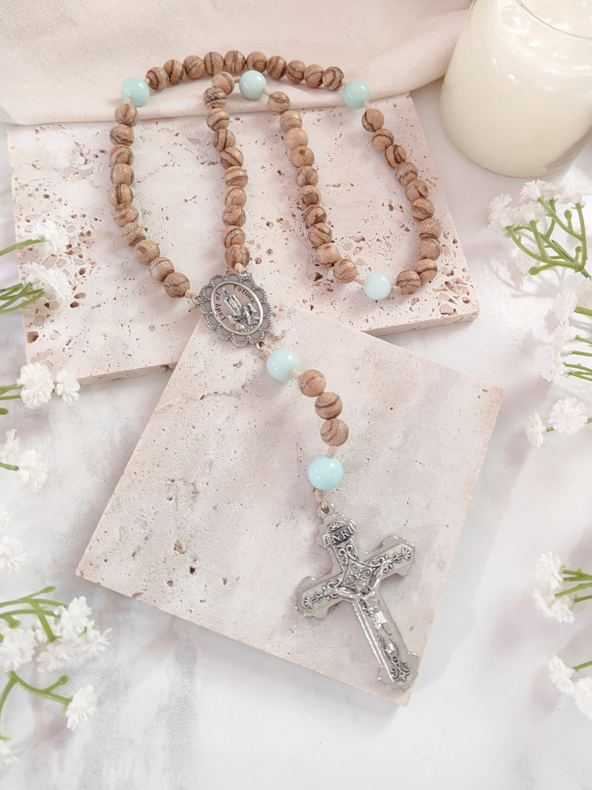 Our Lady of Fatima Peace Wood & Amazonite Rosary