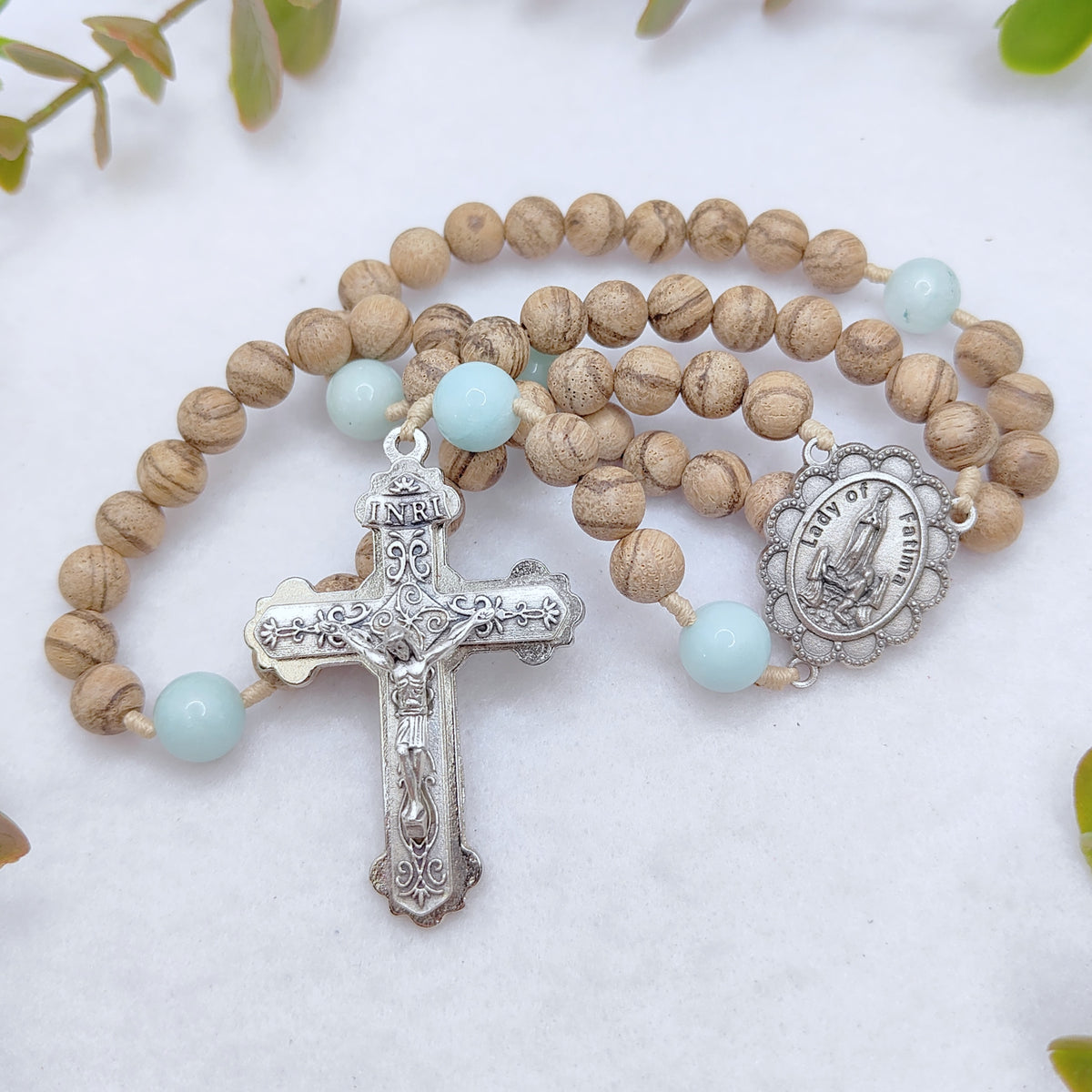 Our Lady of Fatima Peace Wood & Amazonite Rosary