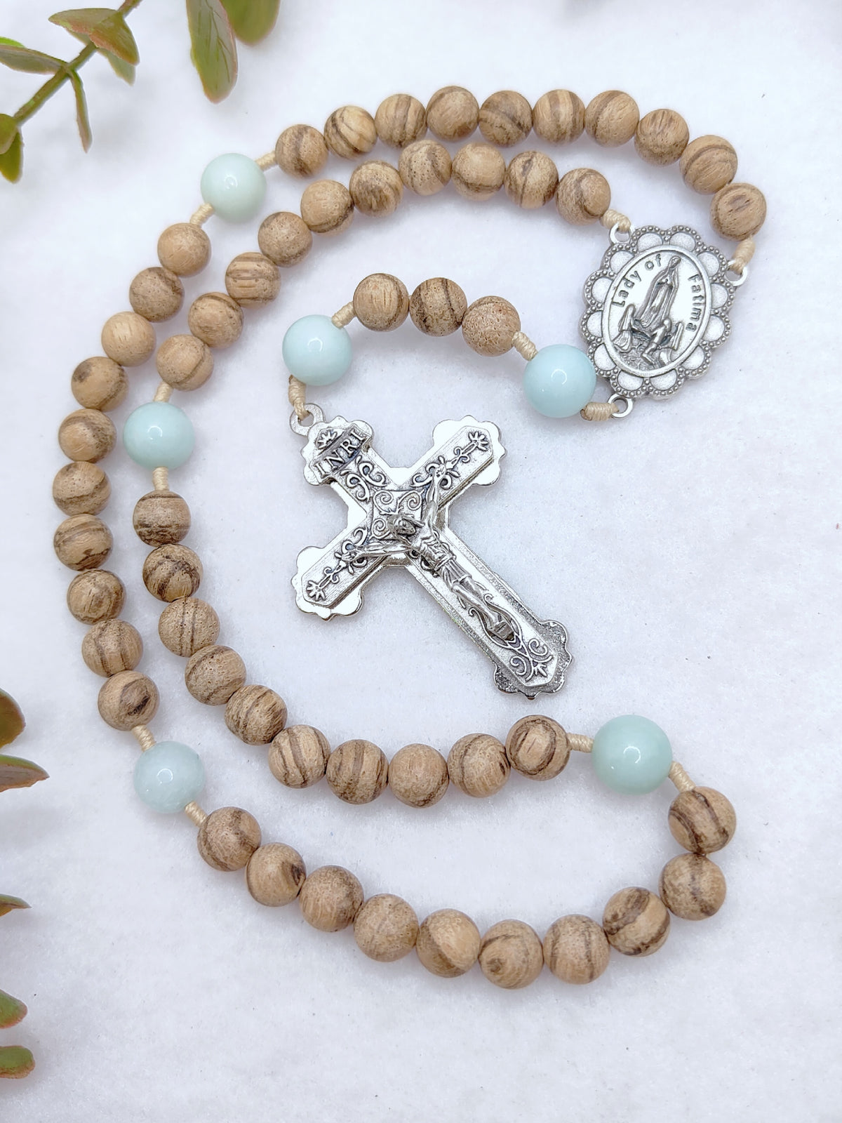 Our Lady of Fatima Peace Wood & Amazonite Rosary