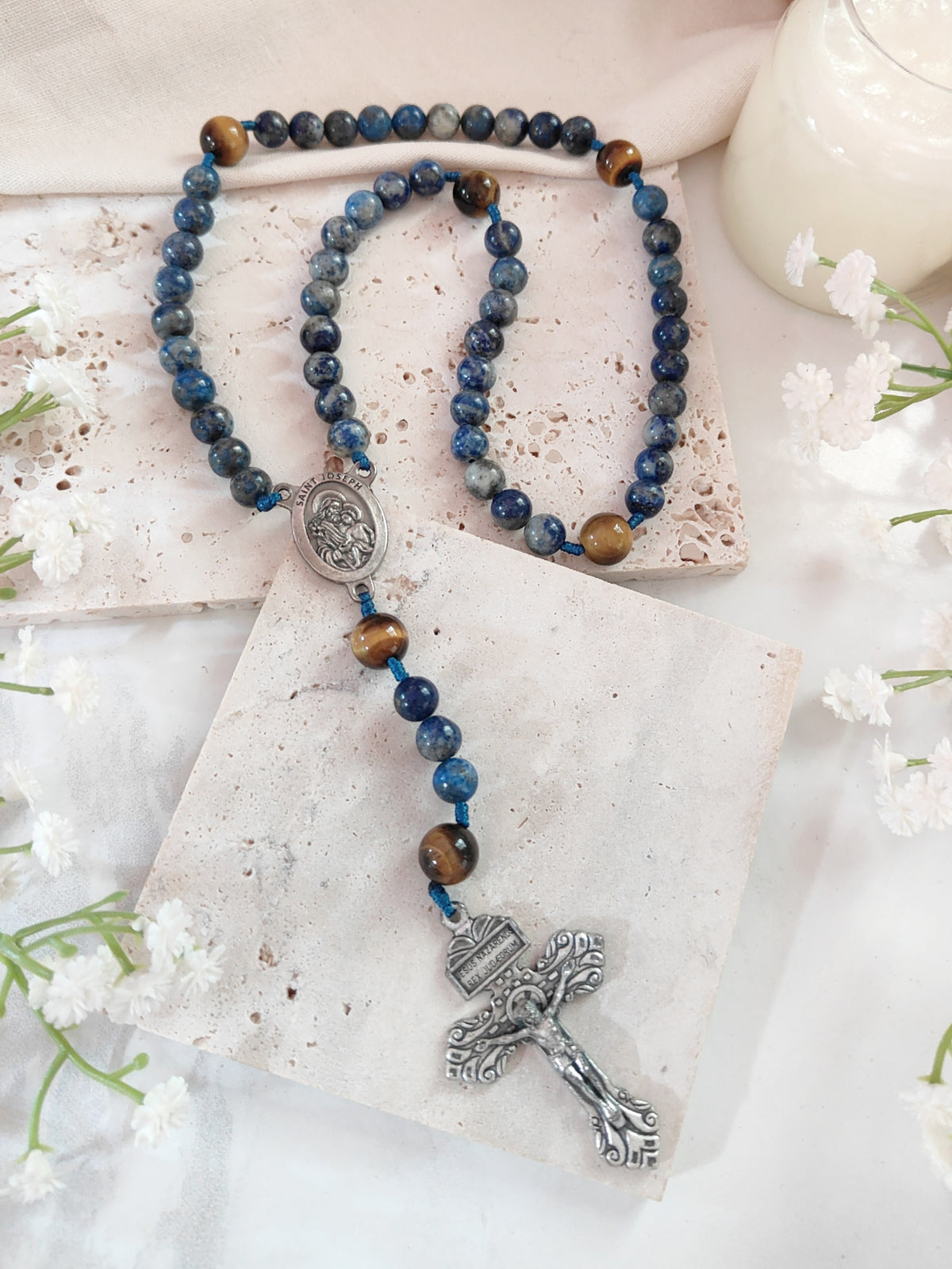 St Joseph Patron of Families Lapis Lazuli & Tiger Eye Rosary