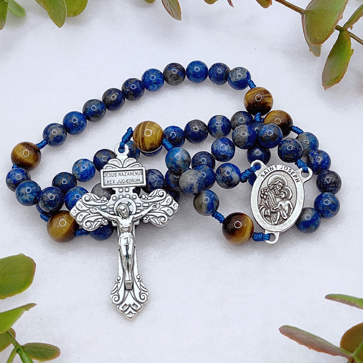 St Joseph Patron of Families Lapis Lazuli & Tiger Eye Rosary