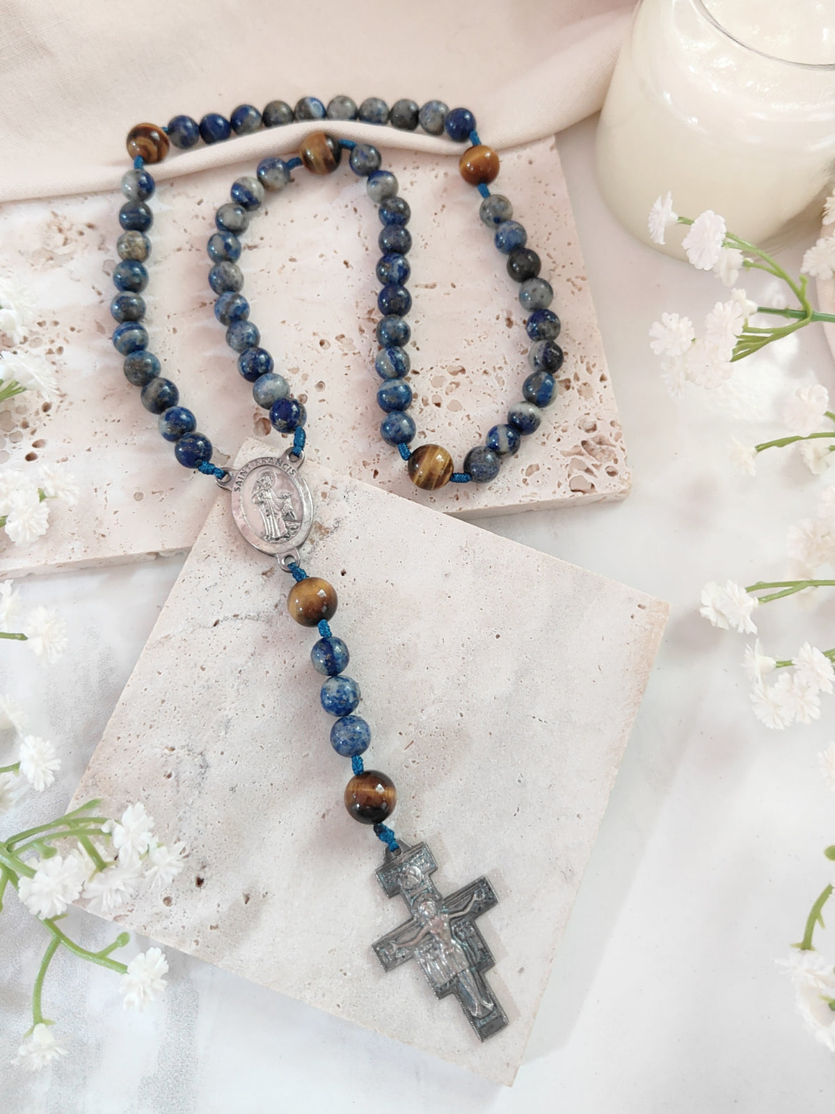 St. Francis of Assisi Earth & Sky Lapis Lazuli & Tiger Eye Rosary
