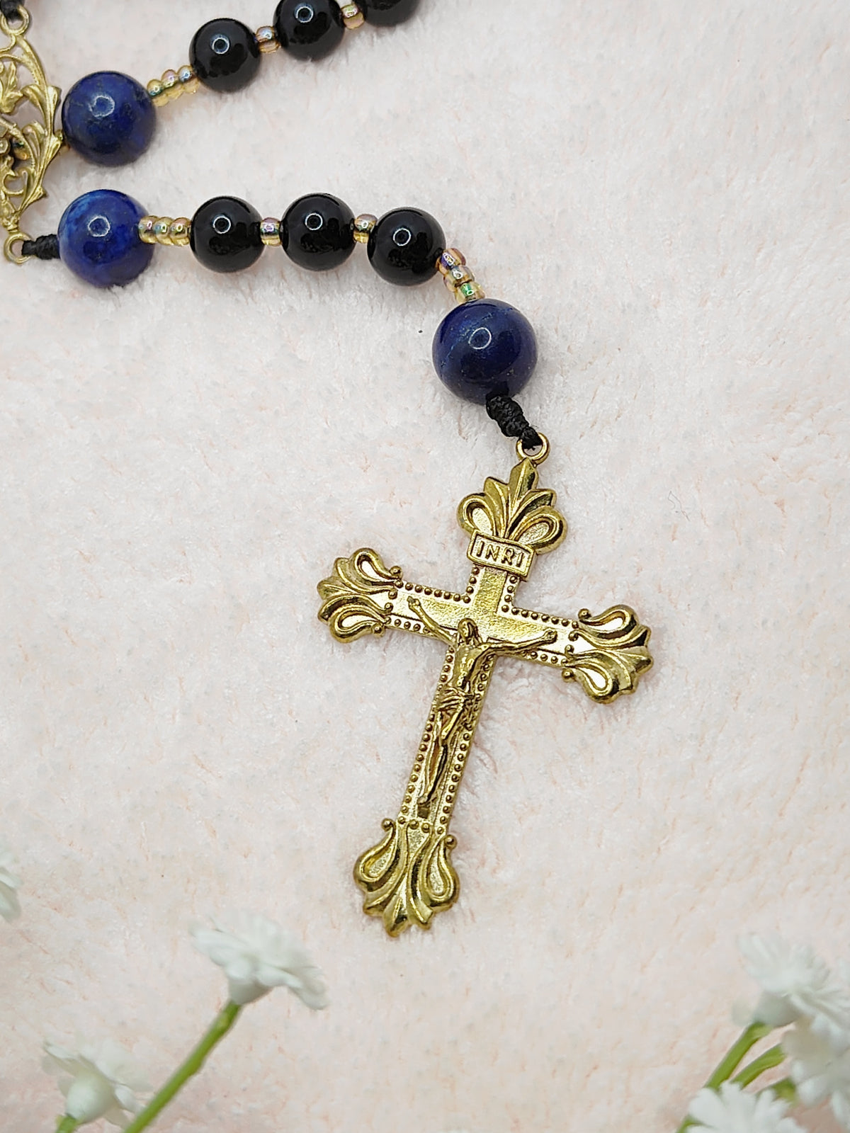 Cross of Lorraine Black Obsidian & Lapis Lazuli