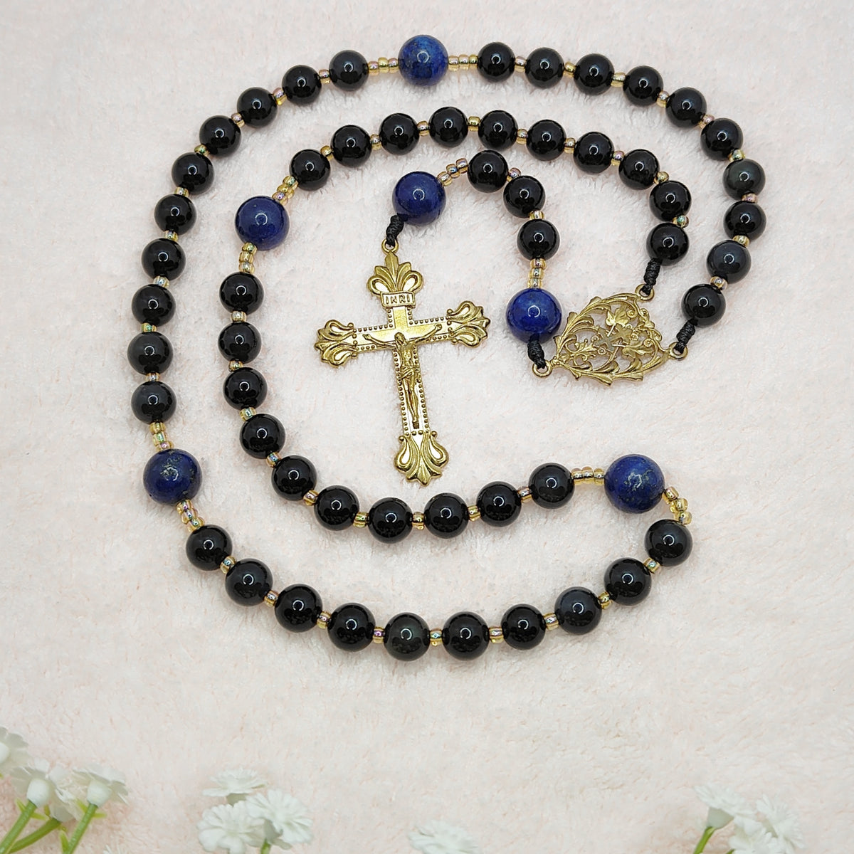 Cross of Lorraine Black Obsidian & Lapis Lazuli