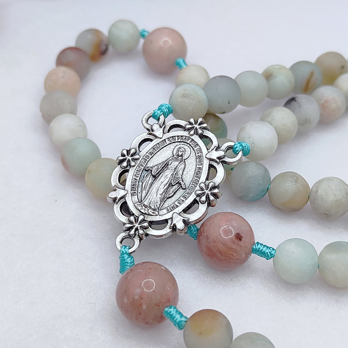 Miraculous Medal Serenity Amazonite & Rhodochrosite Rosary