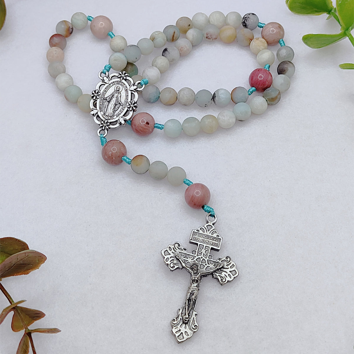Miraculous Medal Serenity Amazonite & Rhodochrosite Rosary