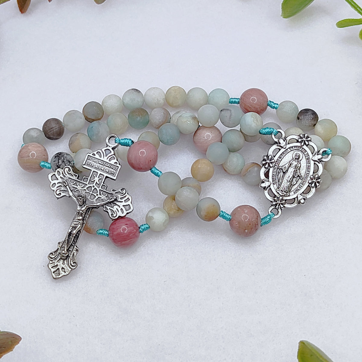 Miraculous Medal Serenity Amazonite & Rhodochrosite Rosary