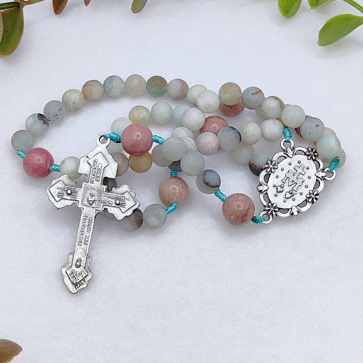 Miraculous Medal Serenity Amazonite & Rhodochrosite Rosary