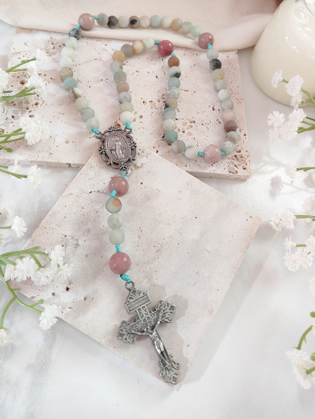 Miraculous Medal Serenity Amazonite & Rhodochrosite Rosary