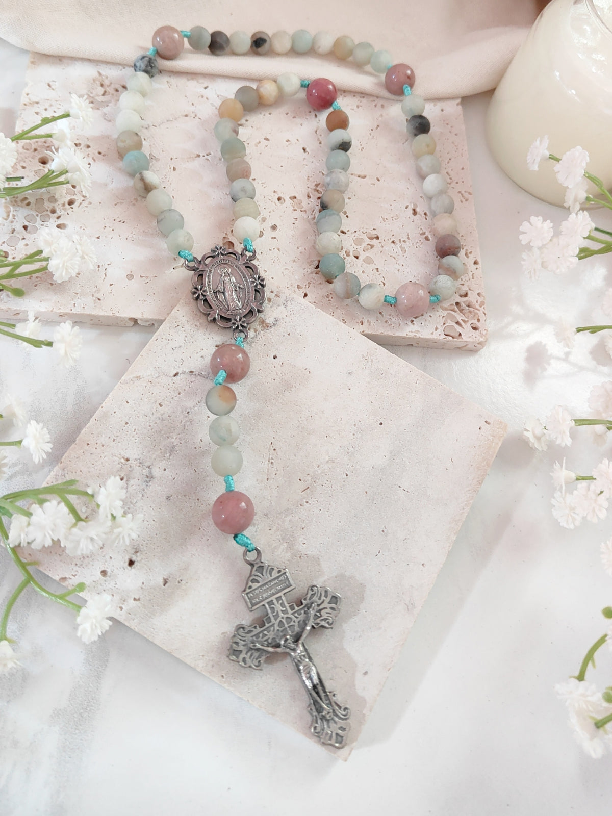 Miraculous Medal Serenity Amazonite & Rhodochrosite Rosary