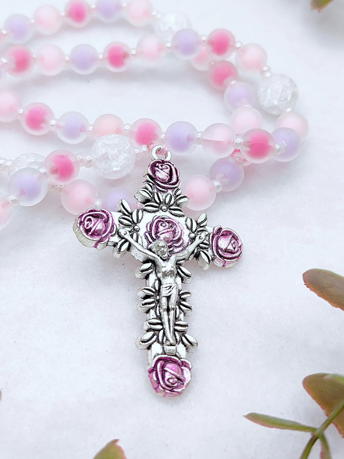 Dreamy Pink Glass Floral Rosary