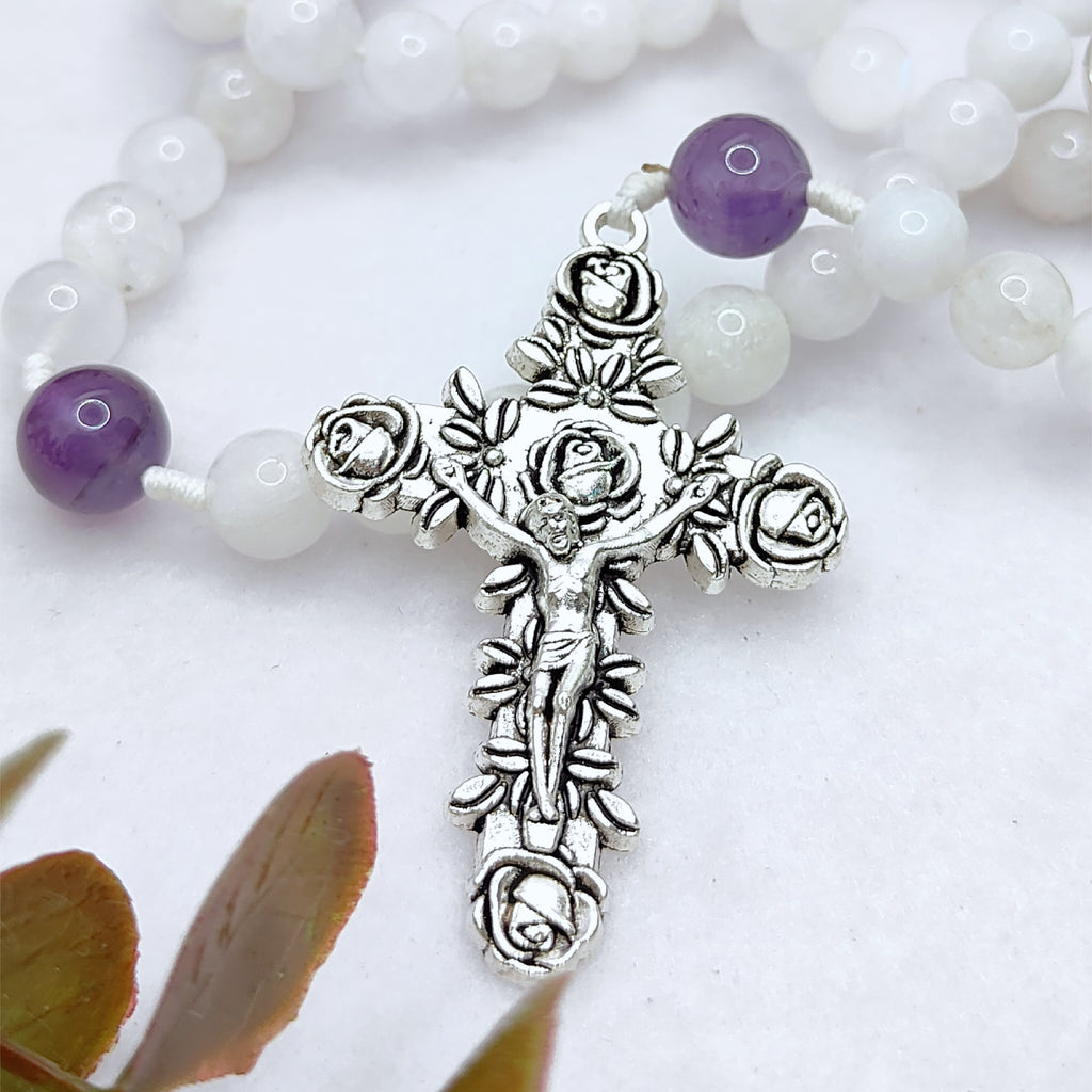 Miraculous Medal White Moonstone & Amethyst Peaceful Rosary