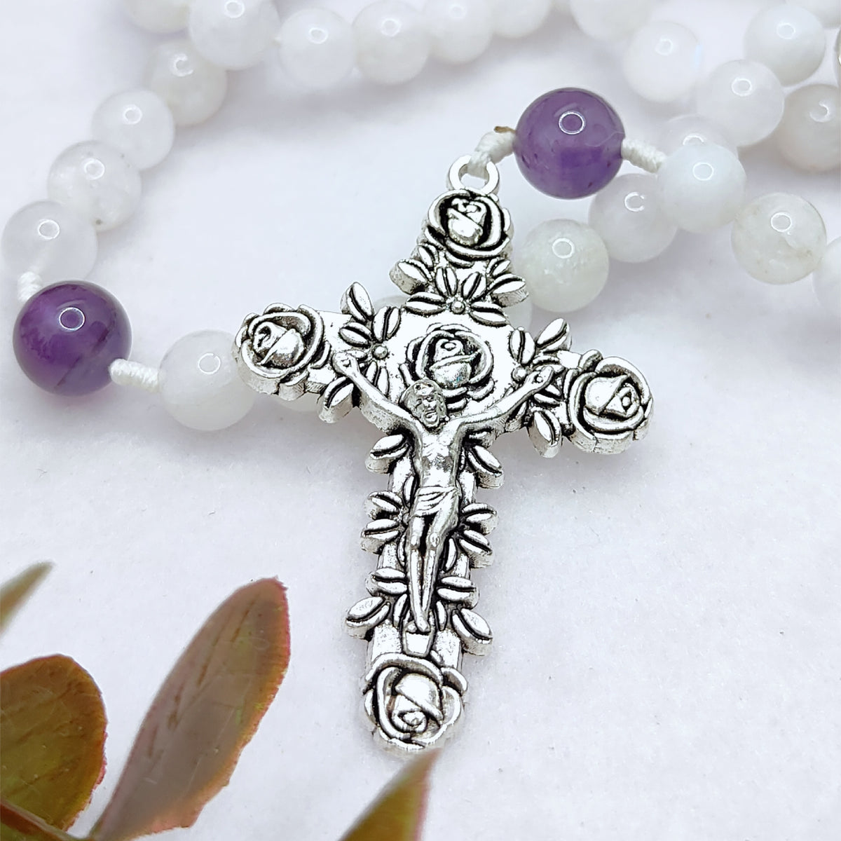 Miraculous Medal White Moonstone & Amethyst Peaceful Rosary