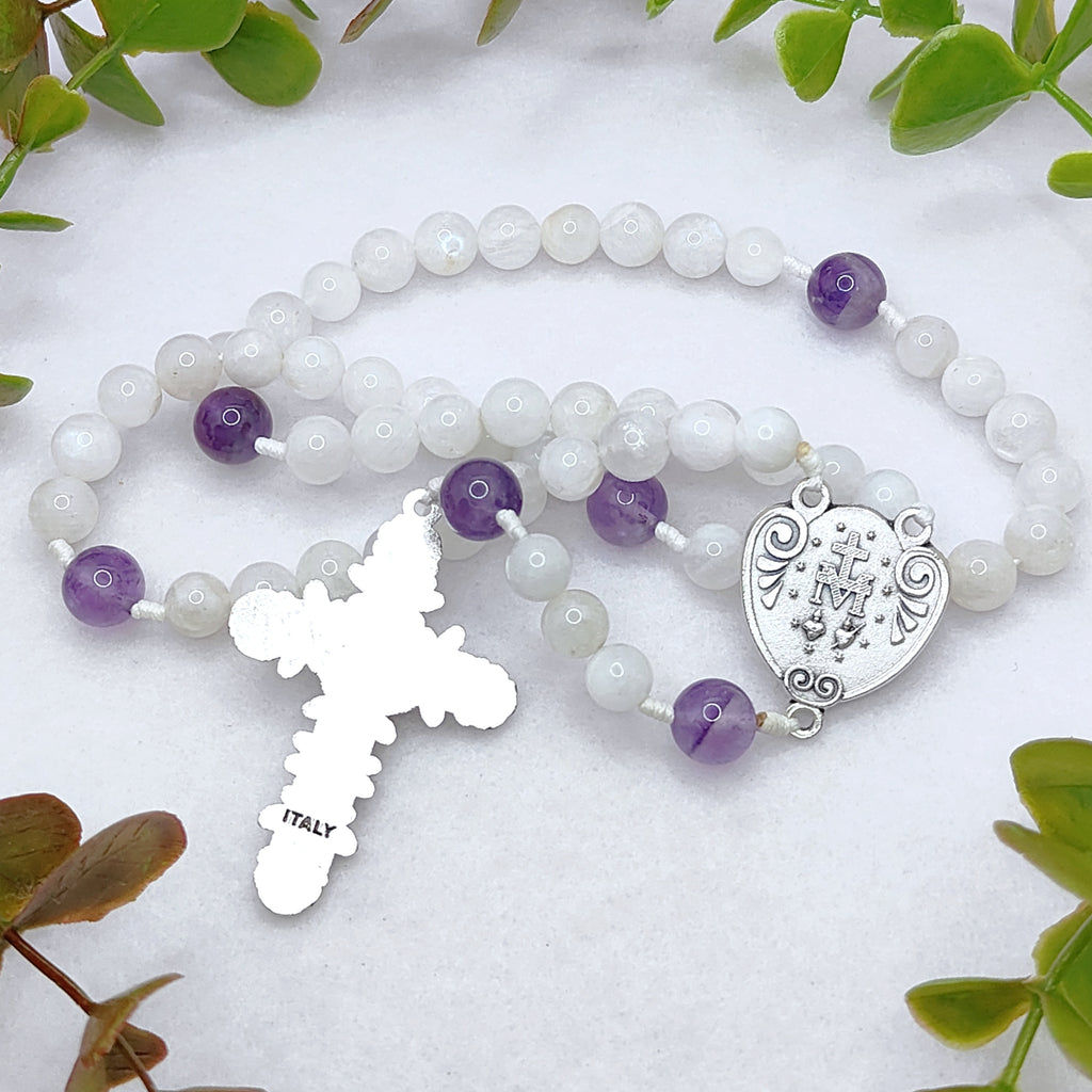 Miraculous Medal White Moonstone & Amethyst Peaceful Rosary