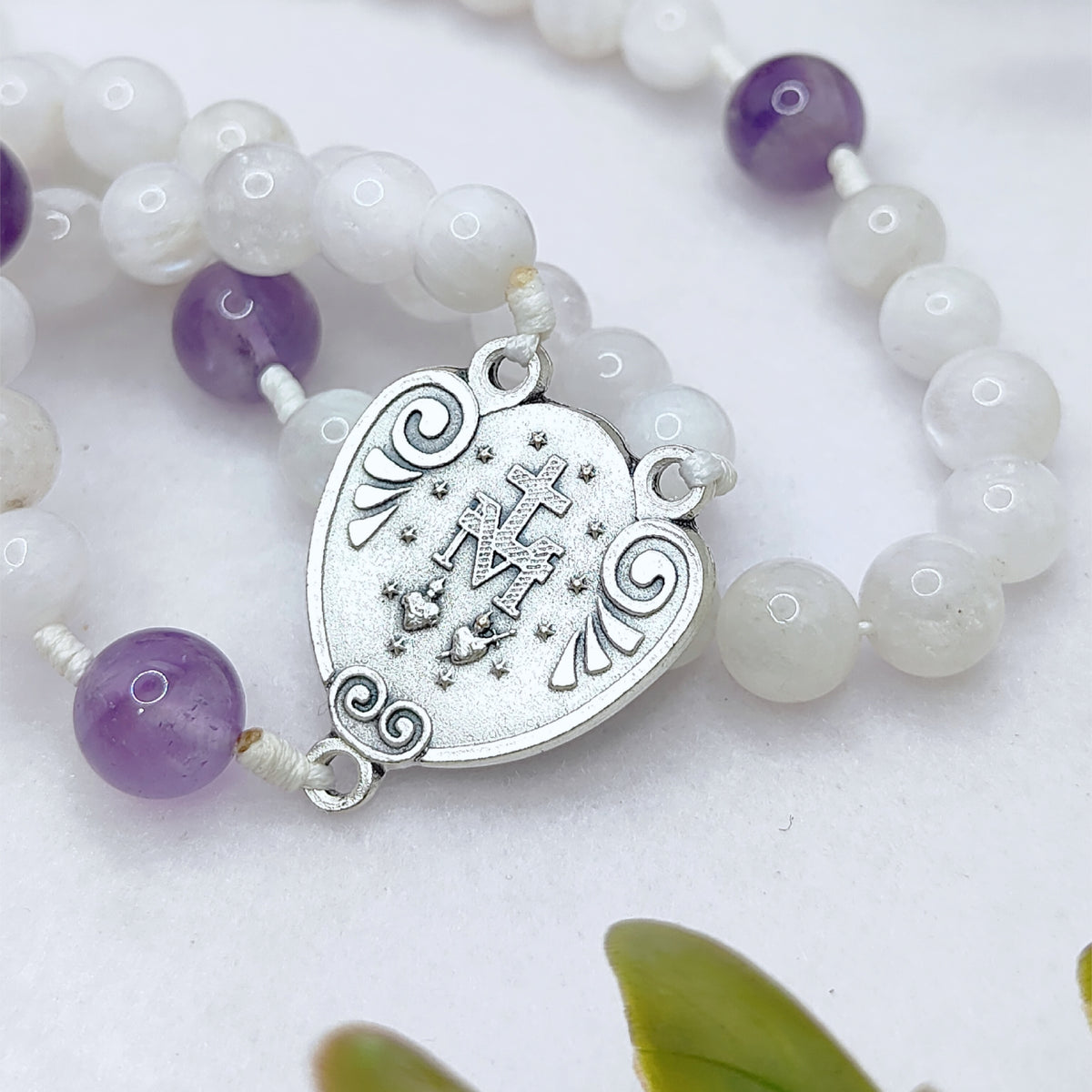 Miraculous Medal White Moonstone & Amethyst Peaceful Rosary