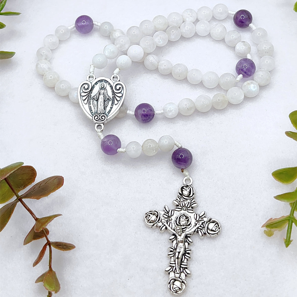 Miraculous Medal White Moonstone & Amethyst Peaceful Rosary