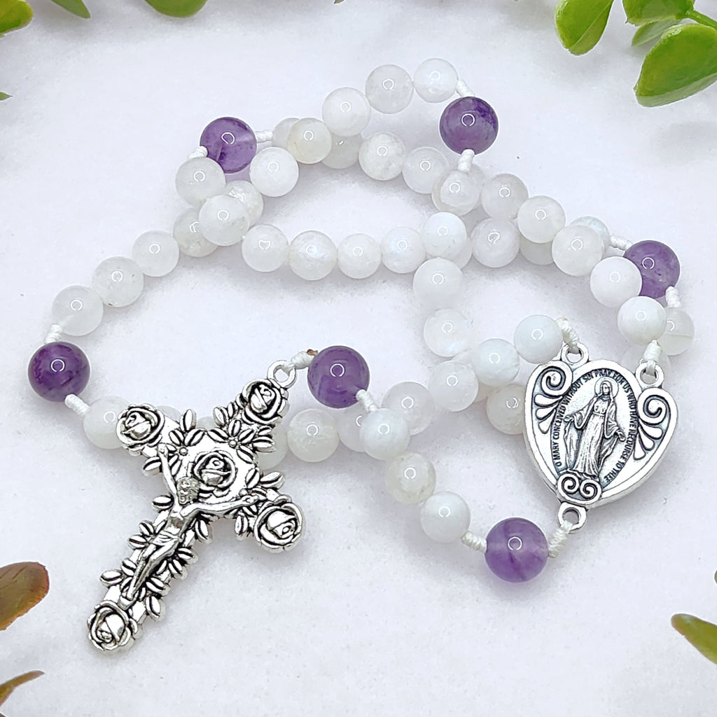 Miraculous Medal White Moonstone & Amethyst Peaceful Rosary