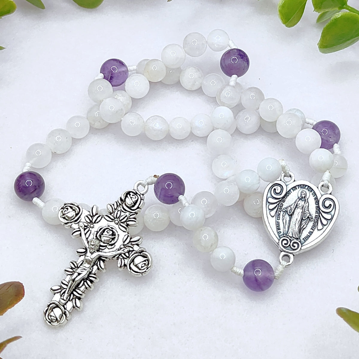 Miraculous Medal White Moonstone & Amethyst Peaceful Rosary