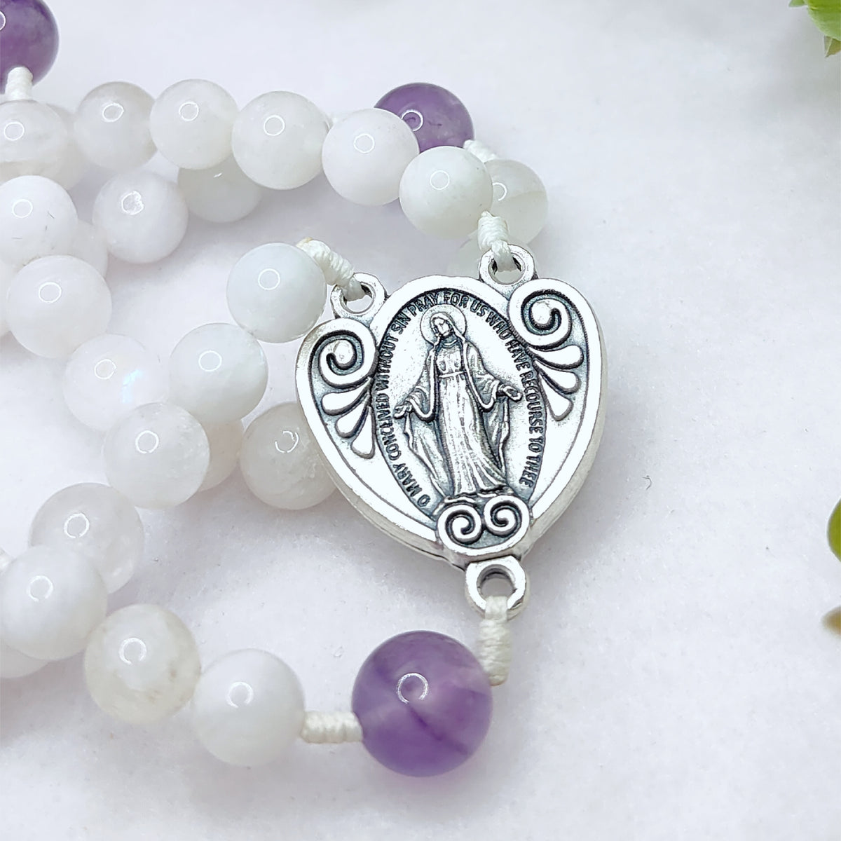 Miraculous Medal White Moonstone & Amethyst Peaceful Rosary