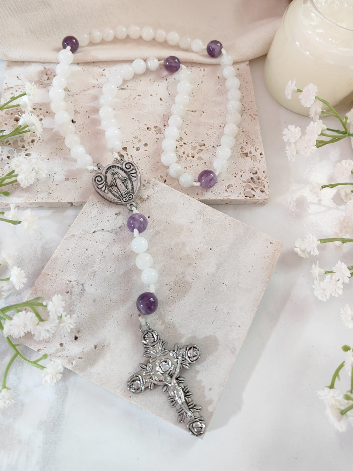 Miraculous Medal White Moonstone & Amethyst Peaceful Rosary