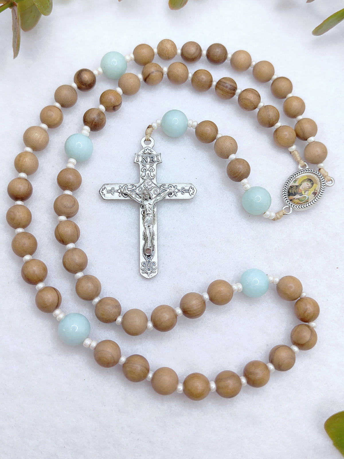 Our Mother of Perpetual Help Olive Wood & Amazonite Rosary