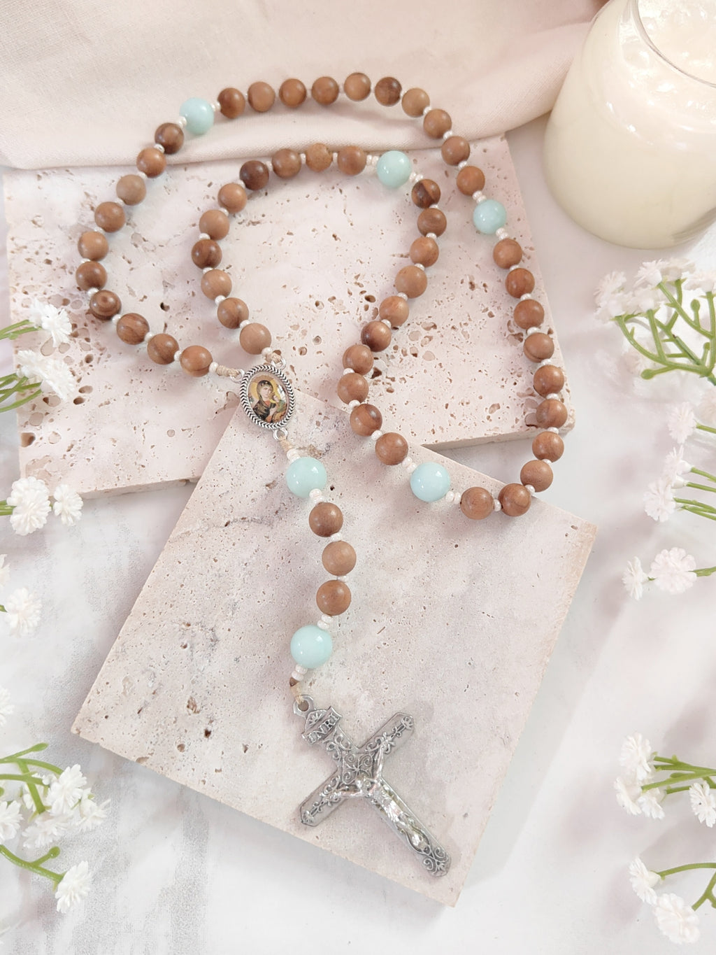 Our Mother of Perpetual Help Olive Wood & Amazonite Rosary