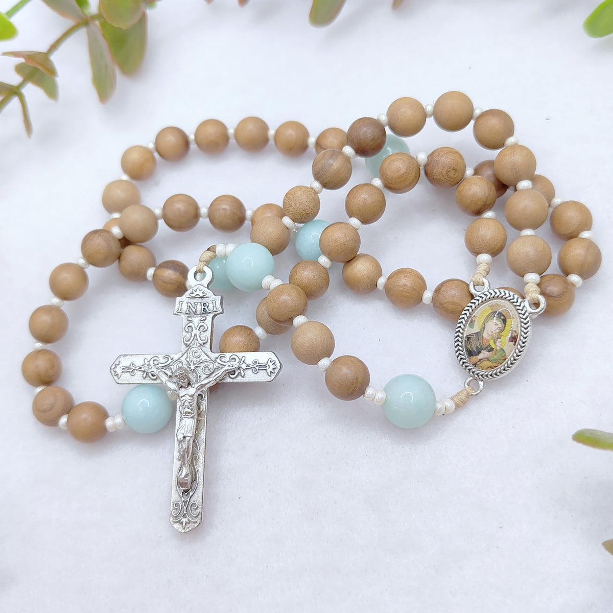 Our Mother of Perpetual Help Olive Wood & Amazonite Rosary