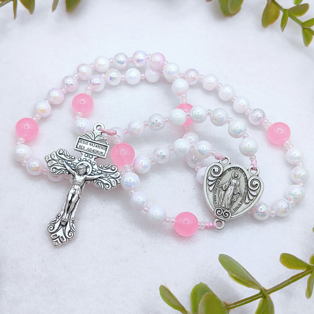 Miraculous Medal Blush Pink Glass Rosary
