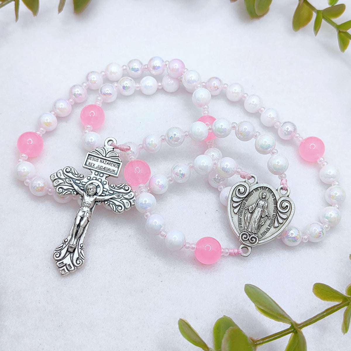 Miraculous Medal Blush Pink Glass Rosary