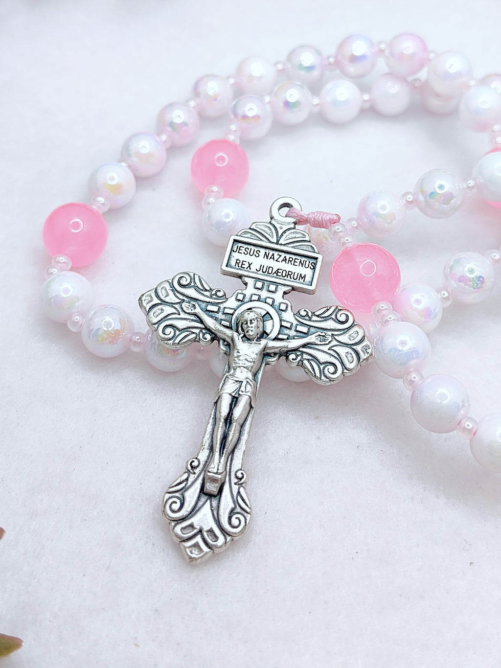 Miraculous Medal Blush Pink Glass Rosary