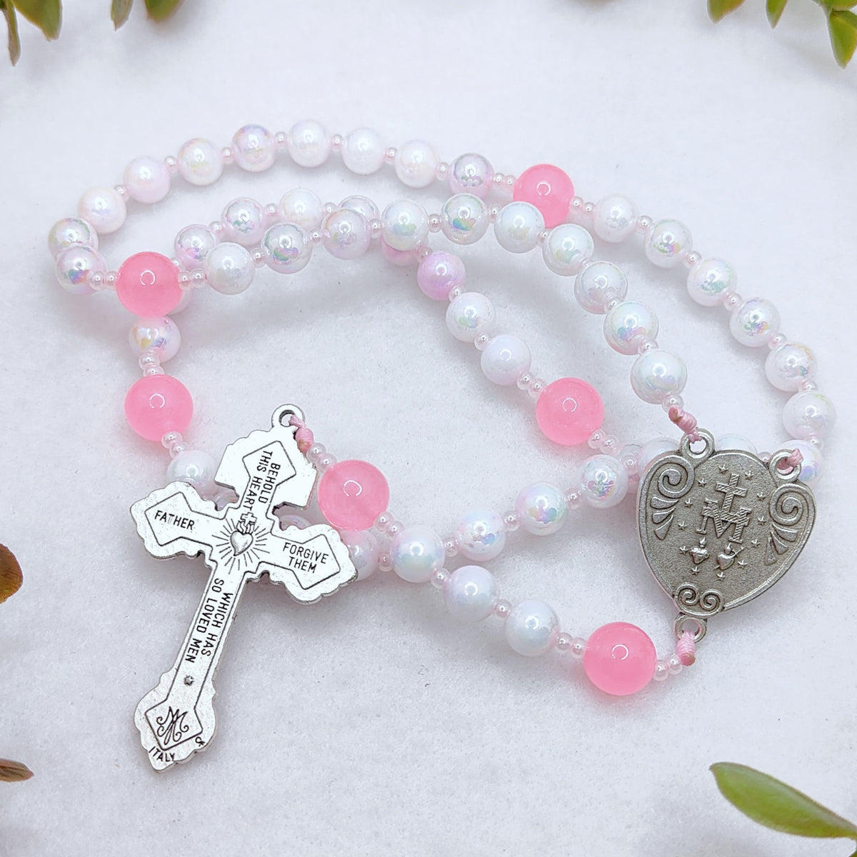 Miraculous Medal Blush Pink Glass Rosary