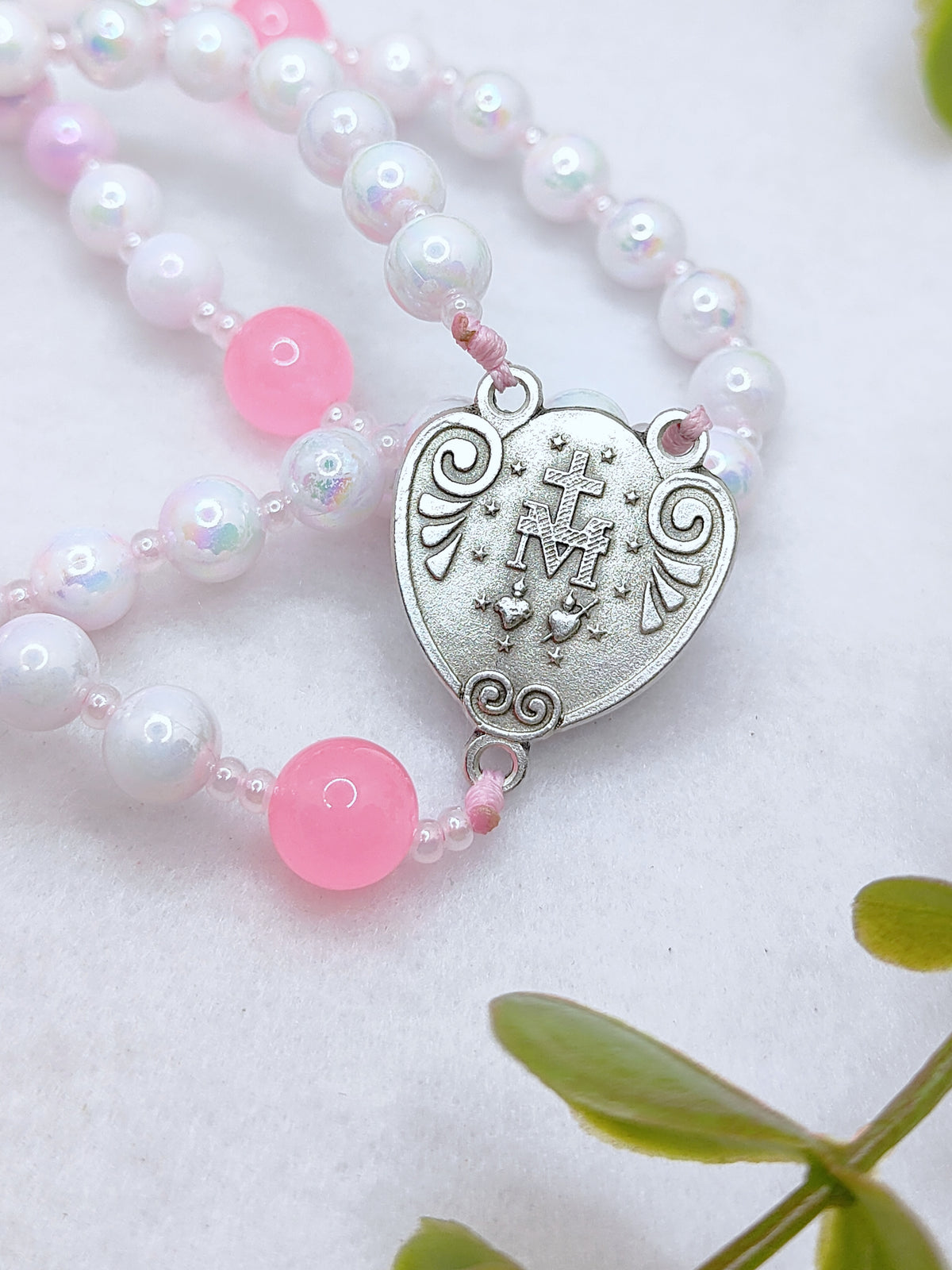 Miraculous Medal Blush Pink Glass Rosary